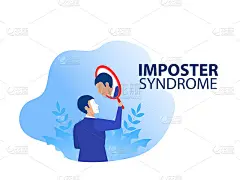 冒名顶替者综合症。商人拿着镜子，身后有恐惧的影子。工作中焦虑和缺乏自信，人造假是别人的概念
