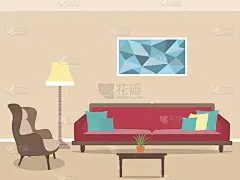 客厅室内设计为平面风格，包括家具、台灯、沙发、扶手椅和茶几。