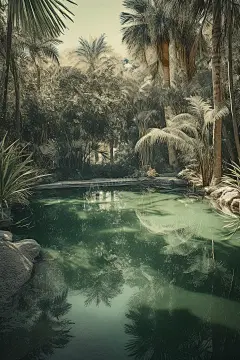 一个被树和棕榈树环绕的浅水池