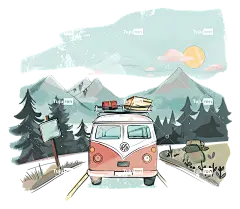 公路旅行老式大众巴士山区露营设备蜿蜒的道路-老式大众巴士山路冒险