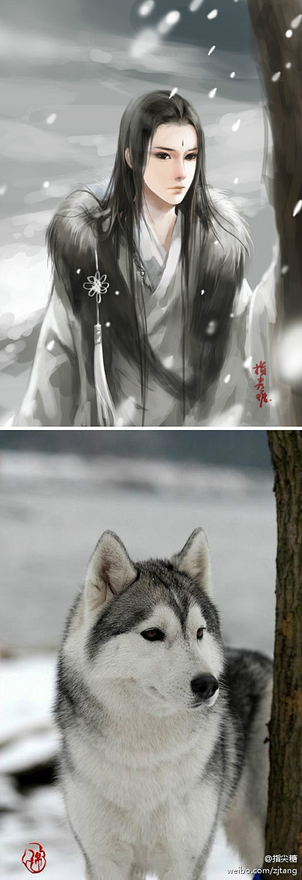 雪中柔情。哈士奇拟人古风画。YIN。——...