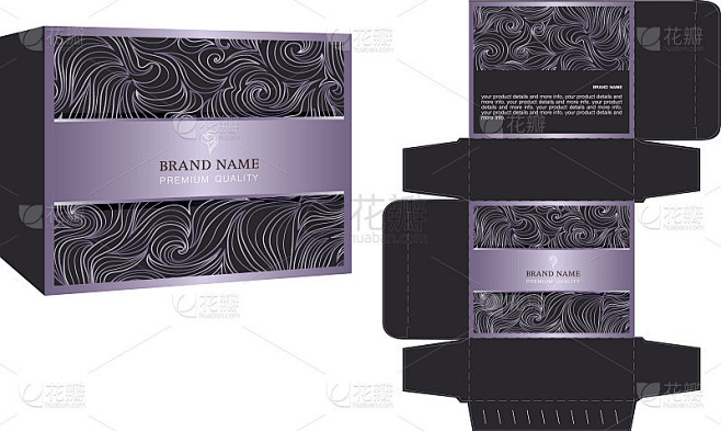 包装设计，紫色豪华盒设计模板和样板盒。