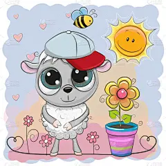 贺卡逗人喜爱的绵羊与花