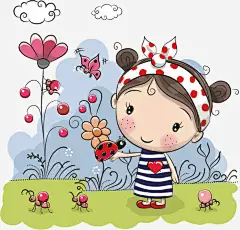 玩耍的小女孩免抠素材_新图网 https://ixintu.com 小女孩 甲壳虫 红色果实 花朵 蚂蚁 金龟子