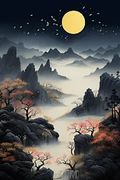 山水水墨插画诗意中国画