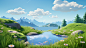 a wide-angle view of a lush green meadow with colorful flowers, glass,flowers，a blue sky，white clouds. 3d rendering , octane render , Unreal Engine ，behance