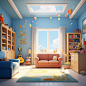 living room with sofa and large toy closet , realistic colors LIGHT COLORS on blue sky, sun. bright color, natural light, fantasy, 8k, volume light, hd, pixar style toy stoy