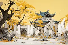 水墨风徽派建筑江南水乡插画