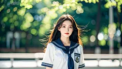 女，皮肤白皙，精致的五官，皮肤白皙，前景虚化，深圳校服，8K，全身，治愈系女孩，校园背景