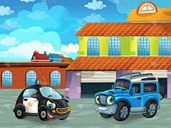 卡通场景与汽车车在道路附近的车库或修理站