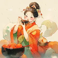 水彩画，中国传统女孩吃火锅，唐代奇幻喜庆海报
