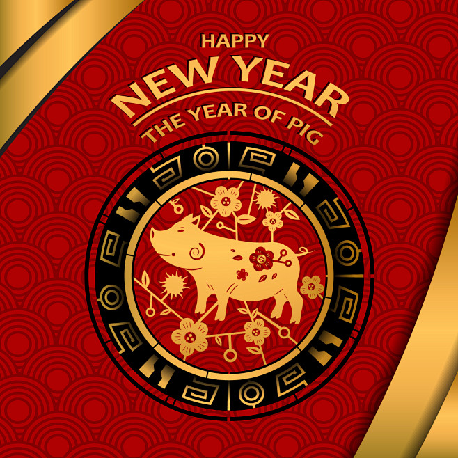 回纹水纹图案猪猪吉祥图案2019新年海报设计ai20190023