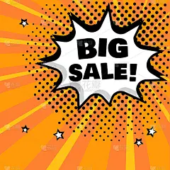 白色漫画泡沫与大销售字在橙色背景。流行艺术风格的喜剧音效。矢量插图。