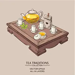 手绘中国茶道茶艺插画茶台茶桌茶杯海报元素泡茶禅意eps矢量素材-淘宝网