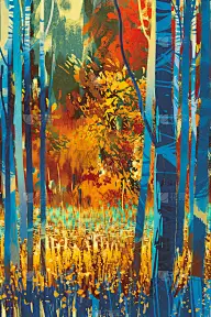 在前景中有蓝色树木的秋天森林