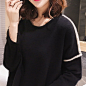 新款韩版女装圆领拼白边长袖宽松显瘦中长款针织毛衣 