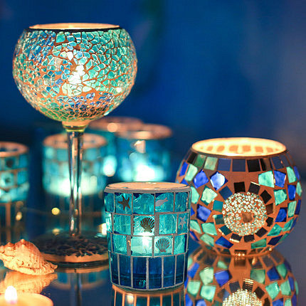 玻璃马赛克地中海烛台摆件烛光晚餐道具蜡烛...