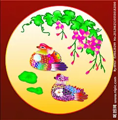 鸳鸯戏水 绿叶 手绘鸳鸯 荷叶 红花 鸳鸯  手绘鸳鸯
