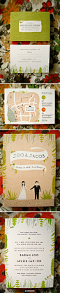 #请柬设计# 来自Joo 和Jacob 的婚礼请柬，非常清新的一组卡片设计。干净的卡通插图，清爽的文字以及一些非常可爱的小细节。 




