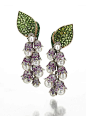 Lily of the Valley Earrings in yellow and white gold, set with 18 Akoya pearls, 544 purple sapphires, 152 green garnets, 330 diamonds and 36 emeralds, by Suzanne Syz, Masterpiece London 2013 exhibitor.@北坤人素材