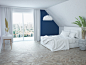 white modern bedroom with shelf behind bed and big terrace window, Michał Wilczyński : white modern bedroom with shelf behind bed and big terrace window