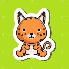 可爱的卡通贴纸小山猫标志模板。吉祥物动物人物设计画册、剪贴簿、贺卡、请柬、传单、贴纸、卡片。矢量插图
