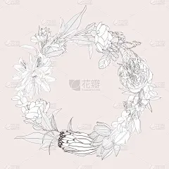 黑色手绘花卉框架边界与精致的花，树枝。装饰概述花环插图。花的设计元素。