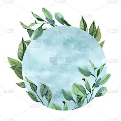 水彩插图。圆形框架与绿色和蓝色桉树叶与油漆飞溅隔离在白色的背景。
