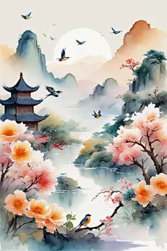 手绘国画中国风水墨画山水画插画