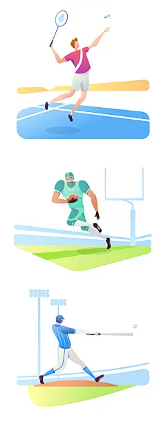 时尚扁平人物运动钓鱼滑雪跨栏项目UI插画Sketch格式AI格式素材-淘宝网