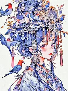 中式花鸟|国潮&amp;国风插画|古风女孩