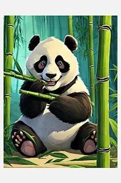 AI数字艺术卡通风正在吃竹子的熊猫-众图网