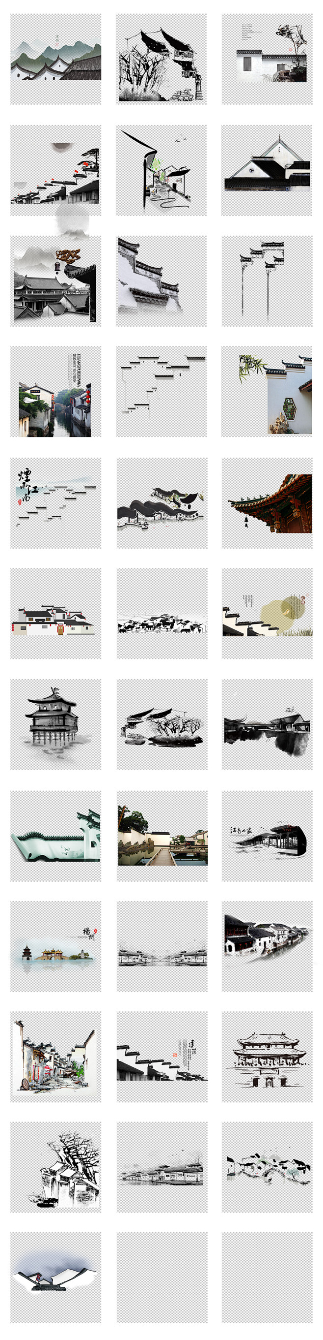 中国风江南水乡古建筑徽派水墨PNG背景