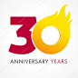 30 years old celebrating fiery logo. Anniversary flamed year of 30 th. Vector template flamy 0 numbers. Happy birthday flaming greetings celebrates. Hot digits of jubilee gold colored ages and flames.