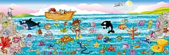 海景，有船和鱼品种的背景
