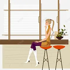 手绘吧台女孩 创意素材