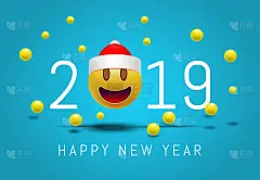 2019年新年贺卡，粉色背景上是戴眼镜的圣诞老人笑脸表情。3d Smiley Emoticon现代设