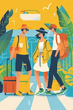 扁平风旅游彩色手绘插画