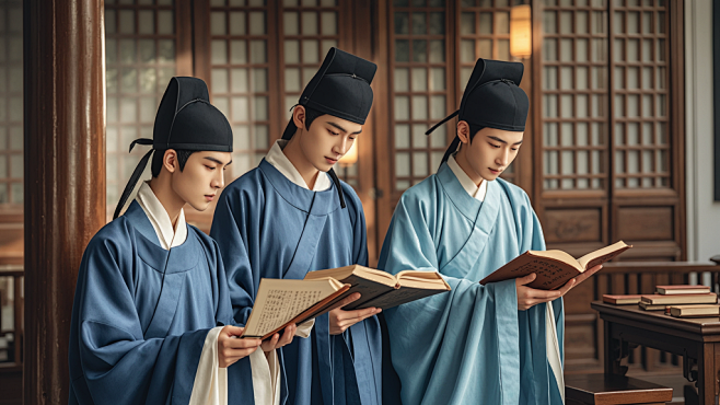 人像摄影；几位书生在古代书院读书，真人实拍，表情丰富 (3)