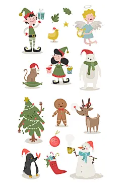 可爱手绘圣诞精灵雪人麋鹿矢量元素