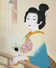 佃喜翔 插画古风作品 擅长绢本着色日本画技画法，描绘细腻抒情的柔美女性 复古和服女人