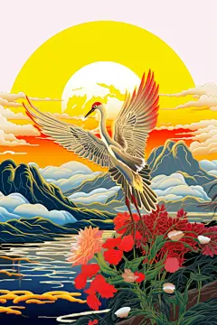 设计浮世绘风烫金古风国潮丹顶鹤插画