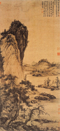 隐居图 明·王绂 绢本墨笔 纵141.7 X横70.7厘米 北京故宫博物院藏<br/>王绂（1362 -1416), 自号九龙山人，无锡（今属江苏）人。工画山水，尤 擅墨竹，其墨竹在明代很 有影响，传世作品有《山 亭文会图》、《墨竹图》等。 王绂的山水画有繁简两种 画法，繁笔线条较长，转 折灵活，多用中锋，主要 宗法王蒙、吴镇笔法；简 笔则干笔、偏锋、皴擦并 用，取自黄公望、倪瓒。 《隐居图》笔墨浓重，意境 清远，画法参酌吴镇和倪瓒之间，进一步发挥了笔 墨清润的特点，是画家的 代表作之一。