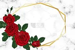 豪华的背景。大理石纹理，金色几何多边形线条，红玫瑰，花蕾，叶子。设计贺卡及婚礼、生日、情人节、母亲节