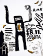 Ame #13 : Ame is a music & art event in Pula, Croatia. Silk-screen poster designed and printed by Oleg Morović. This poster is a homage to the american painter Jean-Michel Basquiat. The graphic was first painted on the canvas and then reporoduced in s