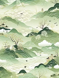 中国传统图案背景，雨季大雨燕子飞舞远方山水海报