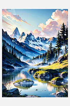 数字艺术 手绘插画 风景插画 山川装饰画-众图网