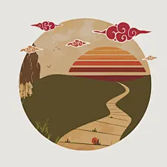中国风古风水墨意境古典圆形图案山水祥云插画AI矢量设计素材
