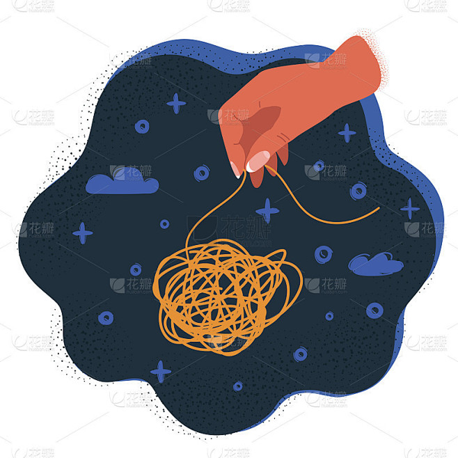 试图解开黑暗背景上纠结的线的手的矢量插图。