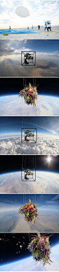 日本东京38岁艺术家东信(Makoto Azuma)日前将盆景树和花篮通过氦气球送入太空边缘，以测试会发生什么。
